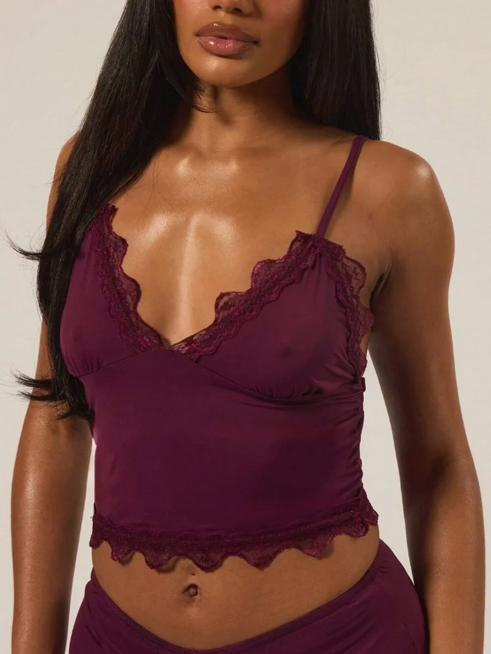 Purple Sexy Women's Lace Trim Adjustable Strap Cami Top And Fitted shorts